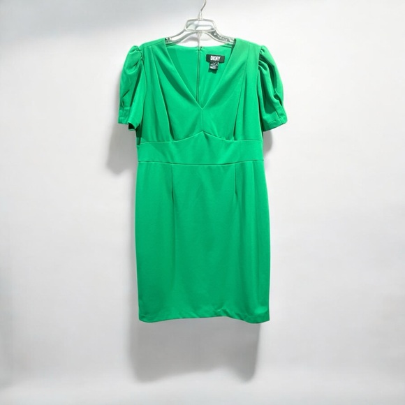 DKNY Puff-Sleeve V Neck Sheath Dress Vibrant Kelly Green Women's Size 16 - Picture 2 of 10